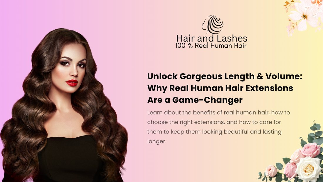 Woman with long wavy brown hair wearing black top on pink and yellow background promoting real human hair extensions