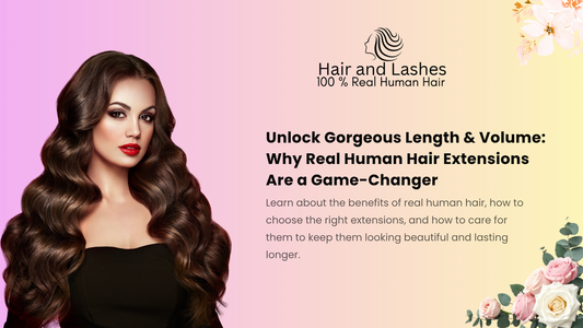 Woman with long wavy brown hair wearing black top on pink and yellow background promoting real human hair extensions