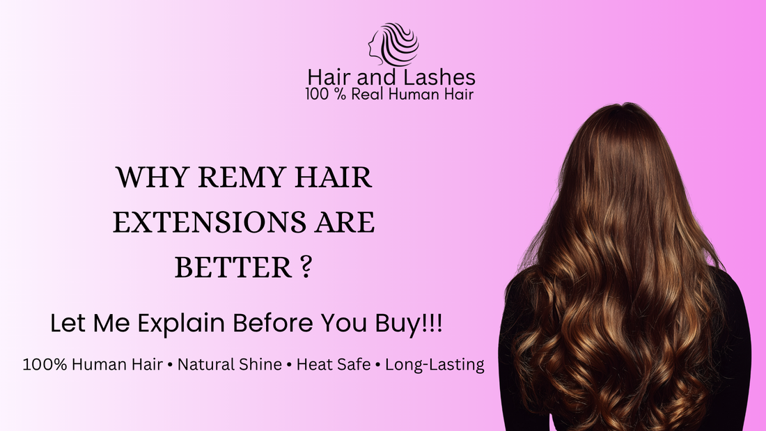 Back view of woman with long shiny brown wavy hair on pink background promoting 100% real human Remy hair extensions