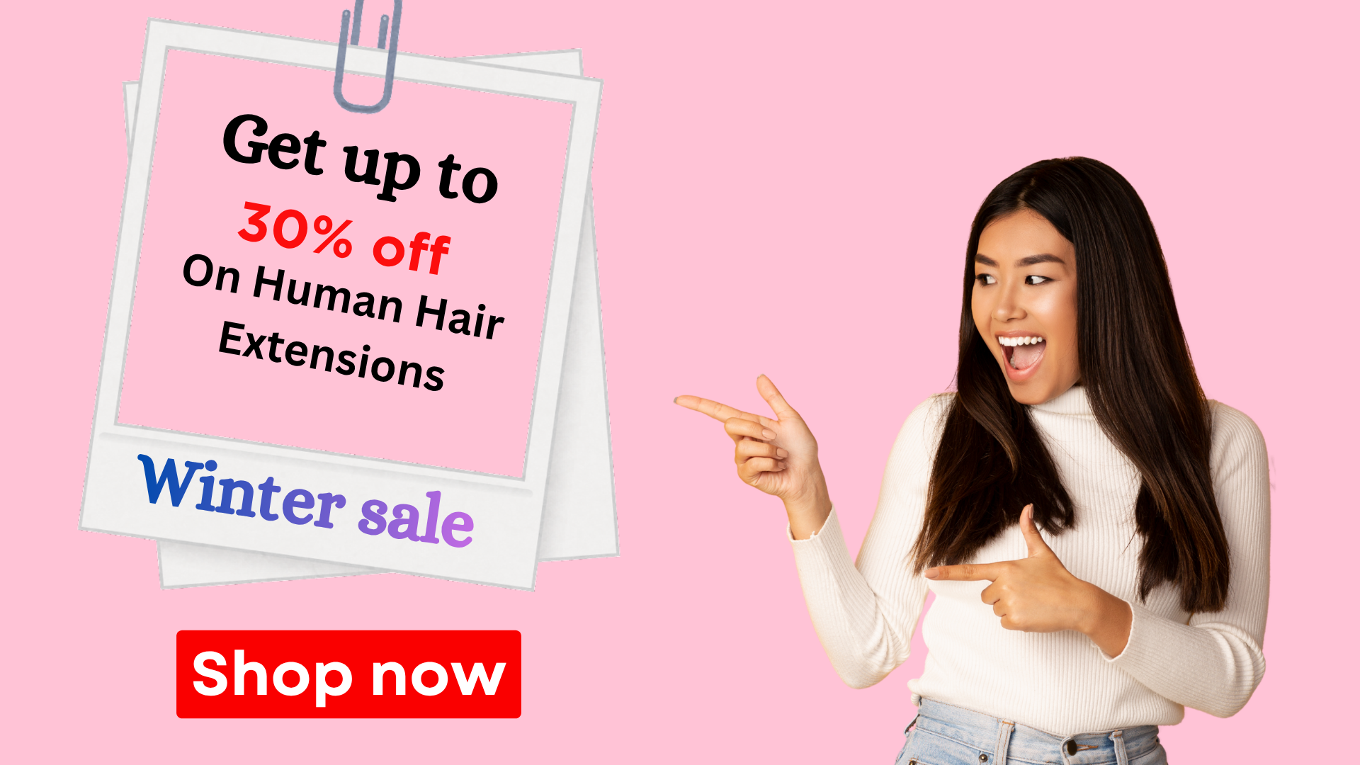 Woman pointing at winter sale sign offering up to 30% off on human hair extensions with pink background